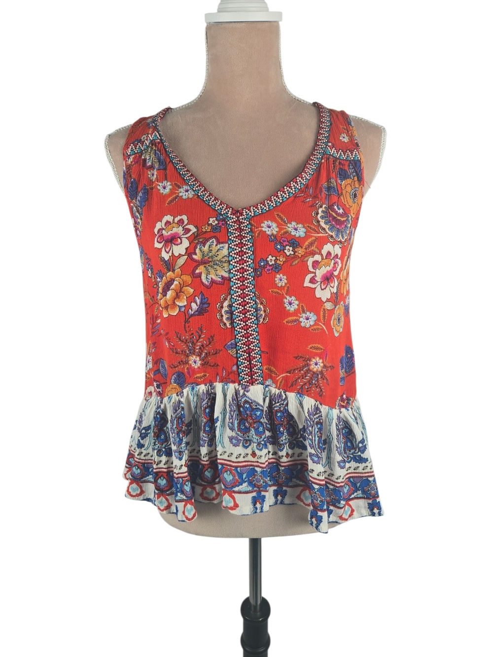 Patrons of Peace Boho Floral Peplum Top Red Blue Size S